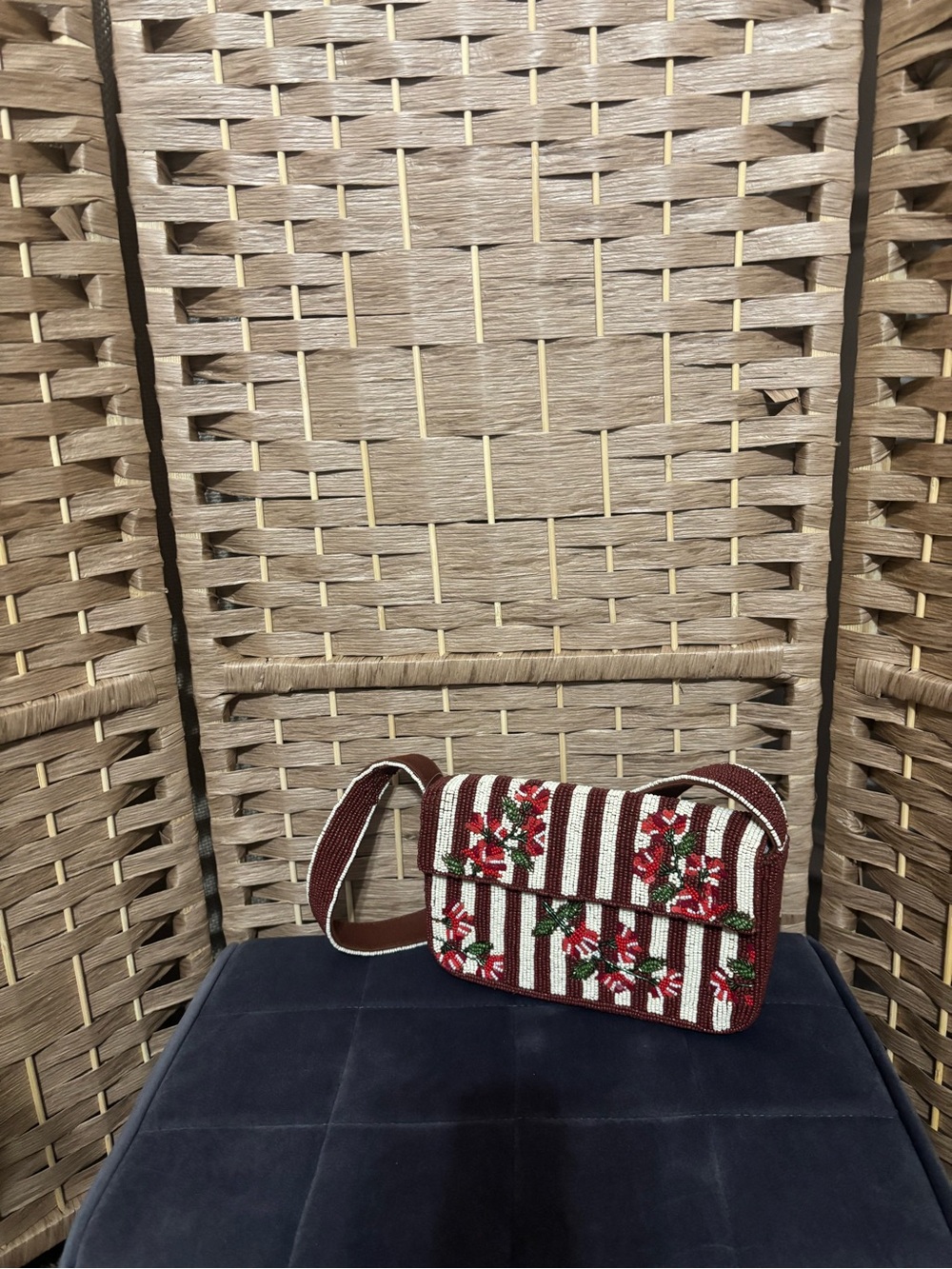Anthropologie Handwoven Red & White Floral Crossbody Bag